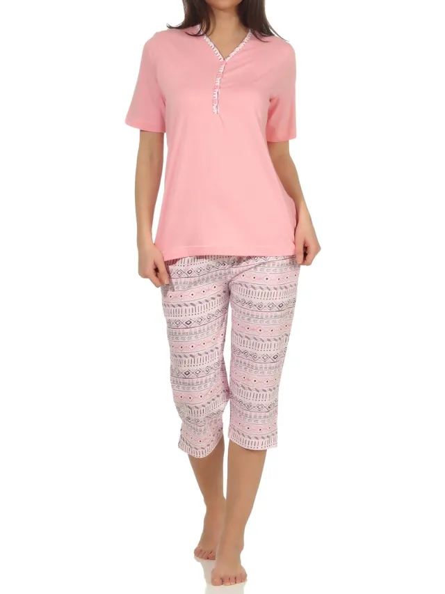 Normann dames capri pyjama met korte mouwen in Ethnolook - Ook in oversizes rosa