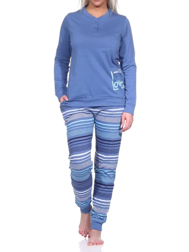 Normann Elegante damespyjama met manchetten en gestreepte broek + hartjesmotief - ook in overmaten blau-melange