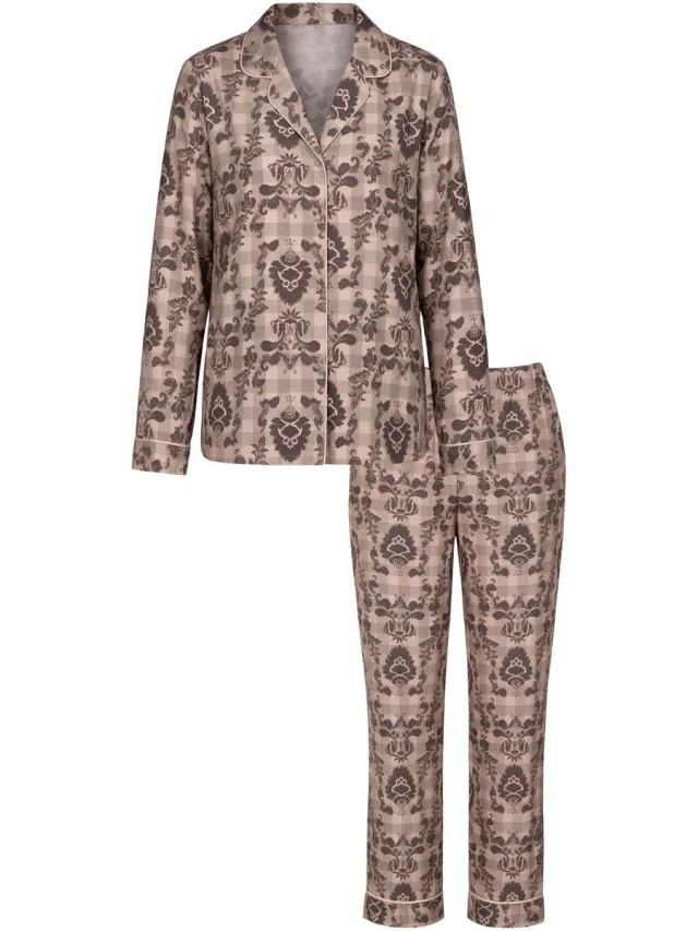 Ulla Popken Dames - Pyjama ruitjes/ornamenten reverskraag lange mouwen - Dennenbruin - Maat 62+