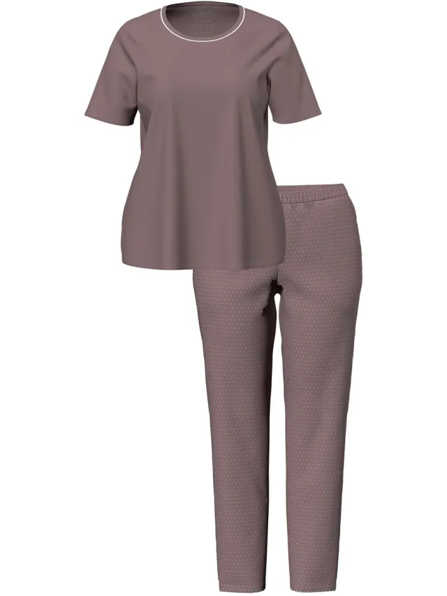 Ulla Popken Dames - Pyjama tweedelig stippen korte mouw - Aarde - Maat 46+