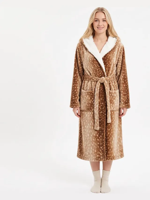 BILMU Warme Fleece Ochtendjas Dames met Capuchon Bruin