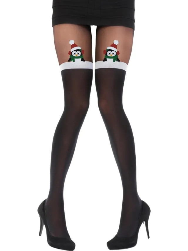 Pretty Polly Panty - Kerst - Christmas - Penguin - Mock Hold Up Panty - One Size - Zwart/Mix