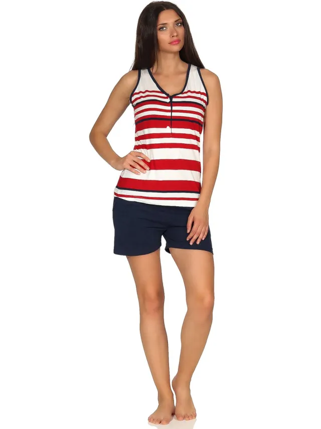 Normann Maritiem oksel shirt korte pyjama met korte mouwen in gestreepte look en met knoopsluiting rot