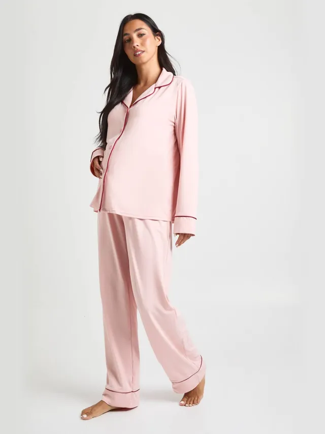 boohoo Dames Zwangerschaps-pijpdetail pyjamasset met langarm shirt & broek Roze