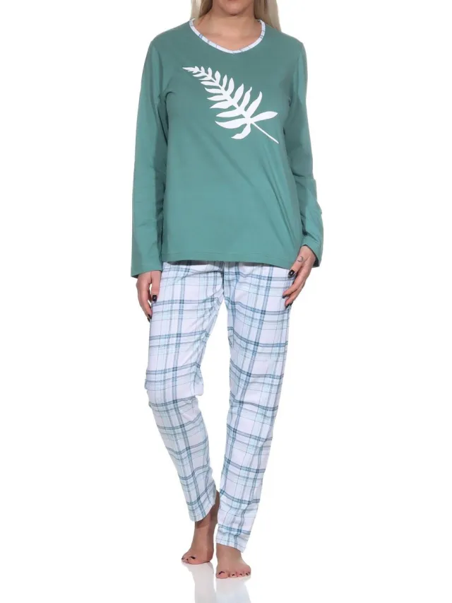 Normann Damespyjama met lange mouwen in leuke kleuren met ruitmotief blau