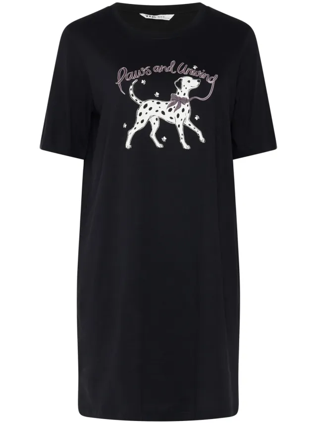Yours Zwart 'Paws & Unwinding' Dalmatiërnachthemd-64 Black