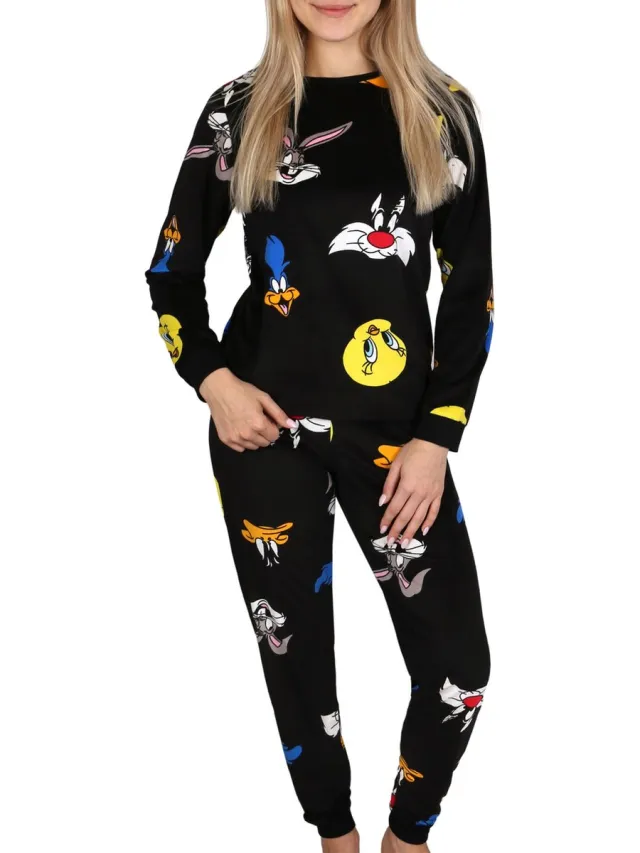 Looney Tunes Zwarte damespyjama, pyjama met lange mouwen, tweedelig, warm, gezellig /