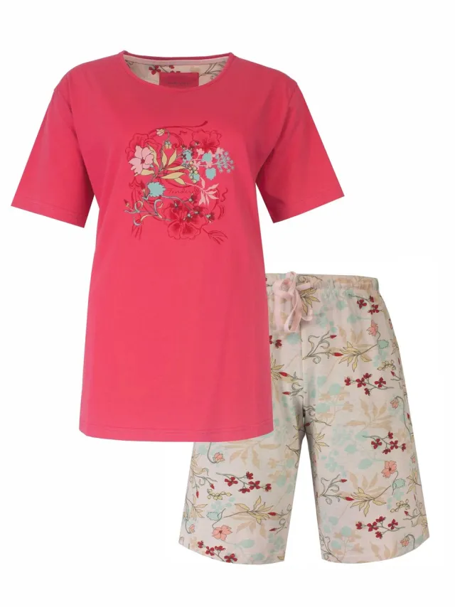Tenderness Dames Shortama - Pyjama Set - Botanisch Patroon - Rood