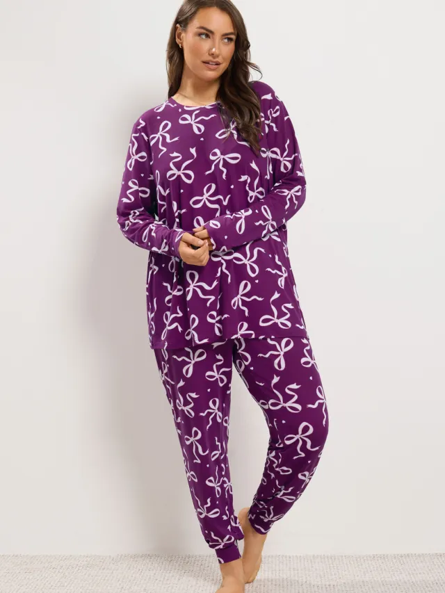 Yours Yourset Curve Zachte Paarse Pyjamaset Met Strik En Printsize 46-48 Purple