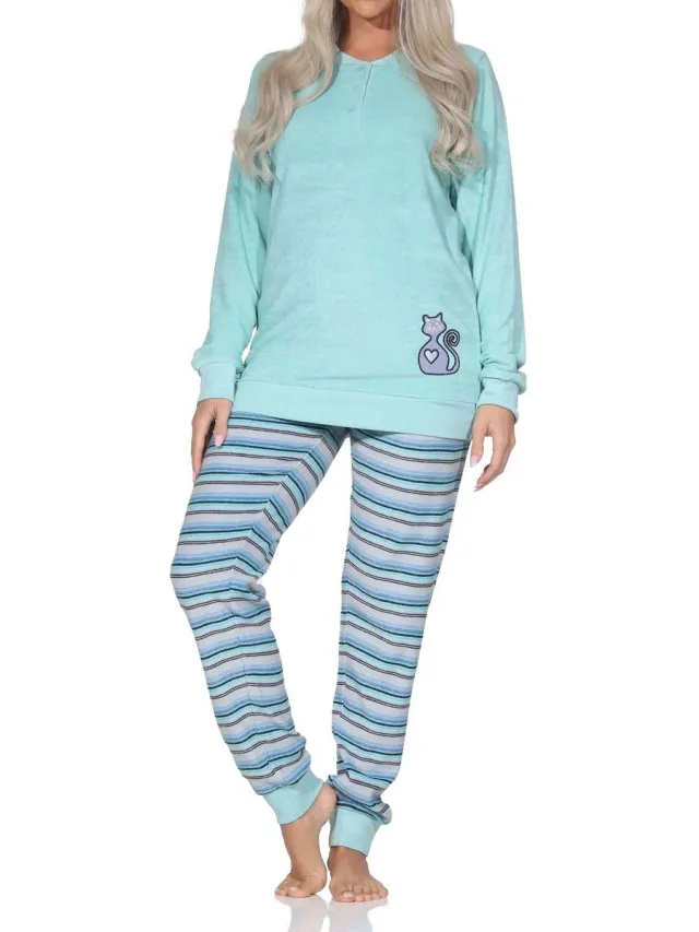 Normann dames badstof pyjama met manchetten + schattig dierenmotief – ook in grote maten türkis