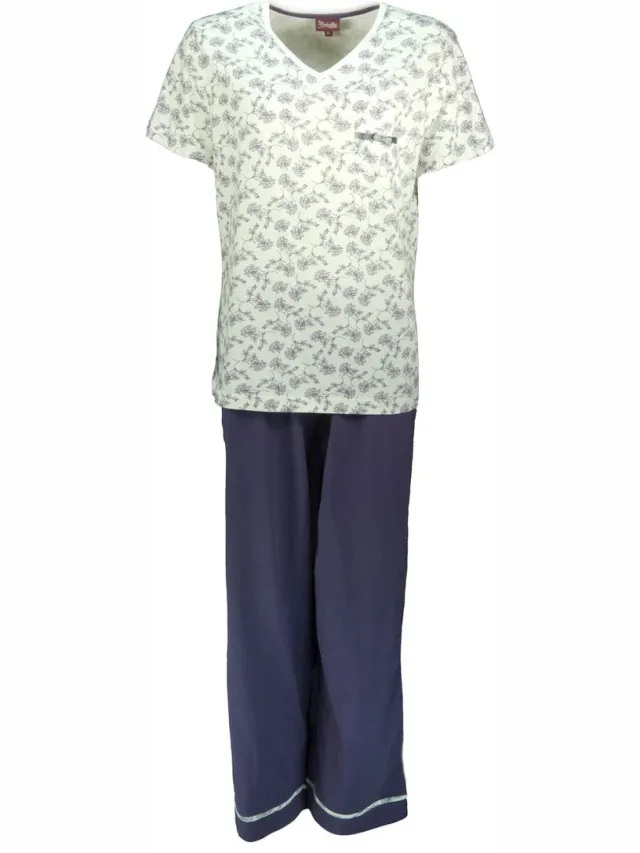 Medaillon Dames Pyjama - Katoen - V Hals - Paars Wit