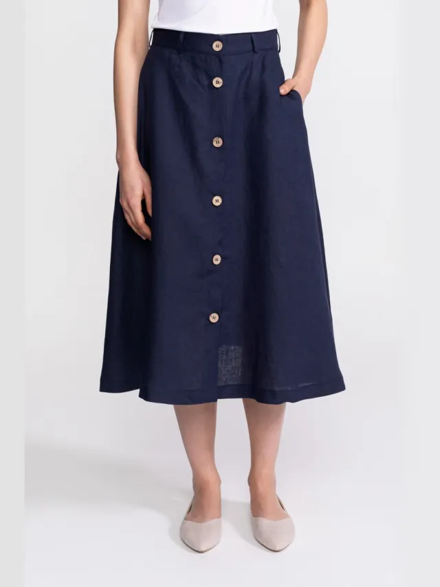 De IONESCU dames vegan Midirok Linnen Marineblauw Extra donkerblauw