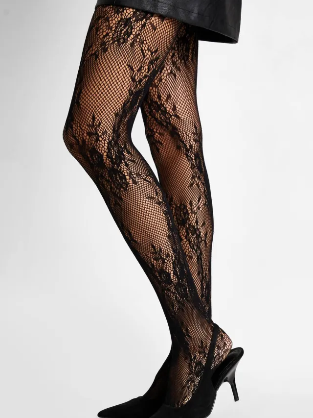 boohoo Dames Zwarte bloemenkant visnet panty's