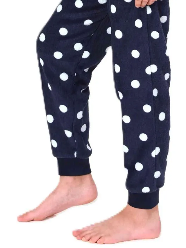 Normann Behaaglijke Meisjespyjama in koraalrode fleece met stippenlook navy