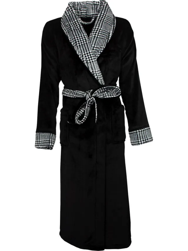 Medaillon Dames Badjas - Kamerjas - Fleece - Zwart