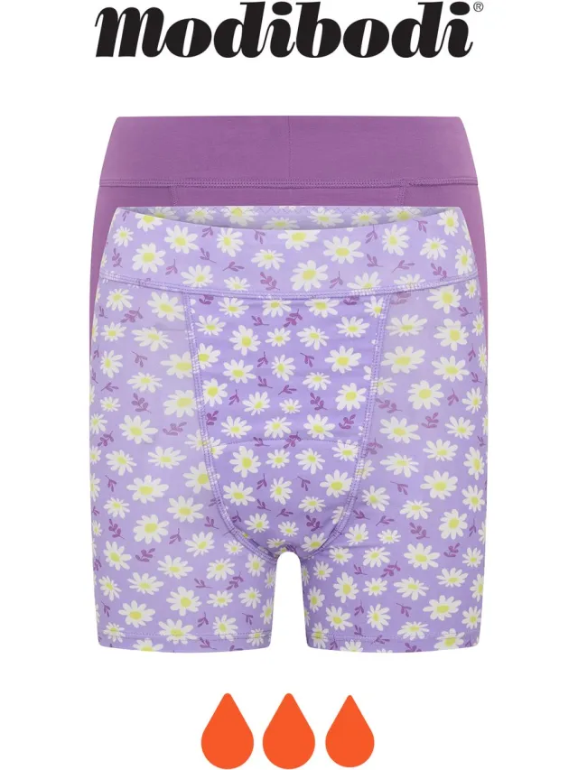 Modibodi Menstruatie Ondergoed Super Absorberend Lekvrij voor Tieners Slaapshort 2-Pack Dreamy Daisy Purple 152/158