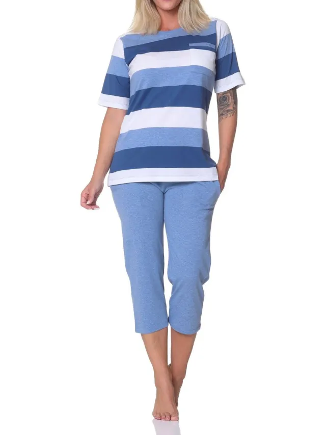 Normann Dames Capri Pyjama Korte Mouwen Blokstreep - Ook in Oversizes blau-mel.