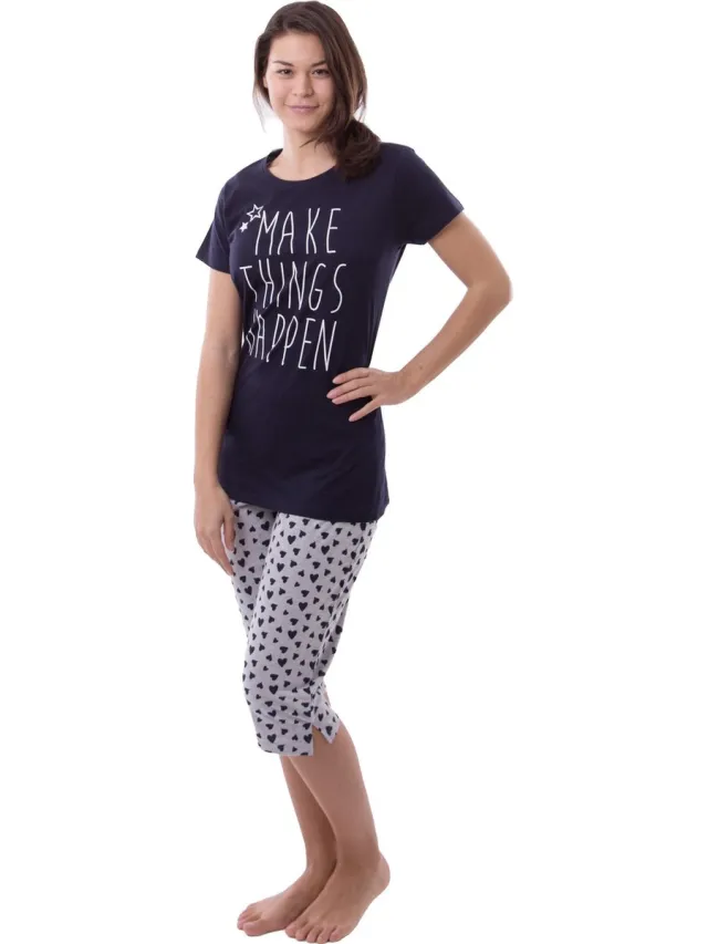 Amantes Dames Pyjama navy met opdruk