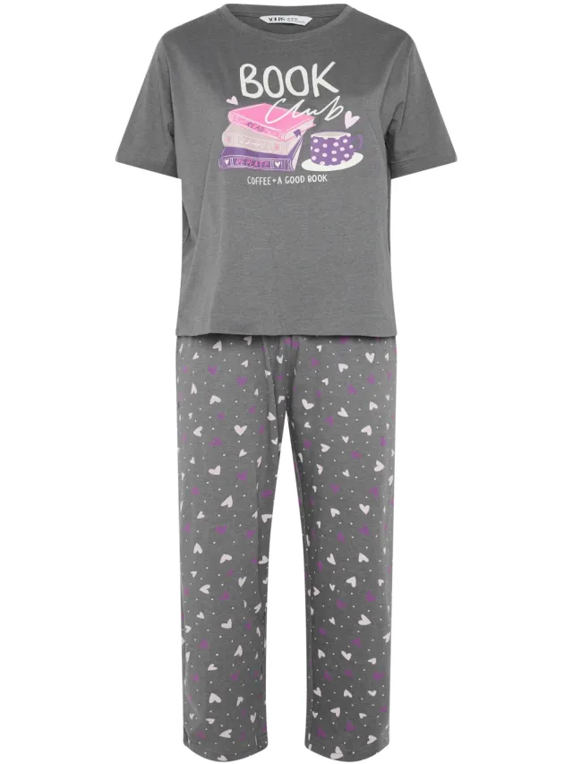 Yours Grijs Gemêleerde 'Book Club' Pyjamaset Met Wijde Pijpen-52 Grey