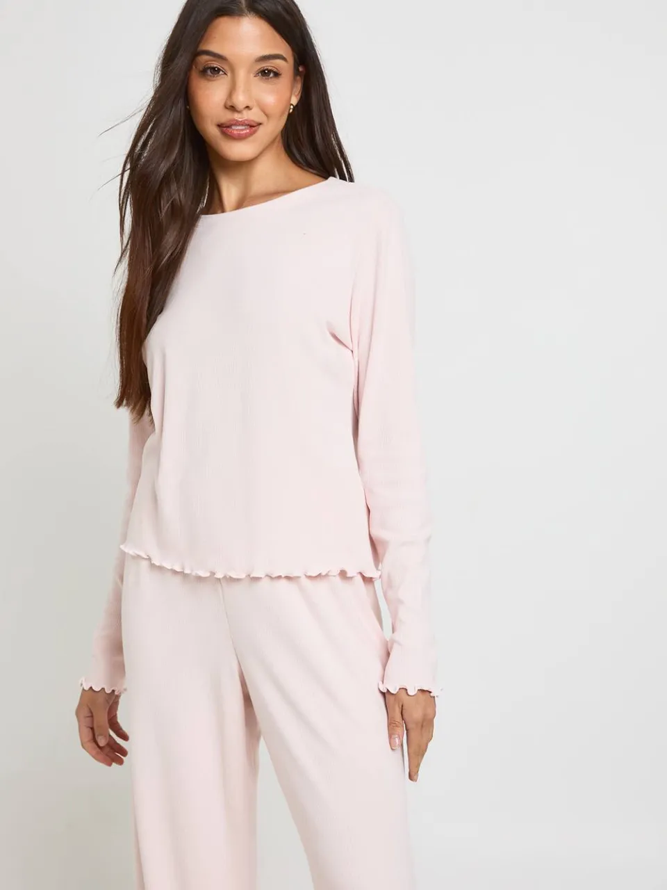 boohoo Dames Pyjama Set Met Geribbelde Top Met Lange Mouwen En Broek Met Slaboordjes baby roze, foto 4