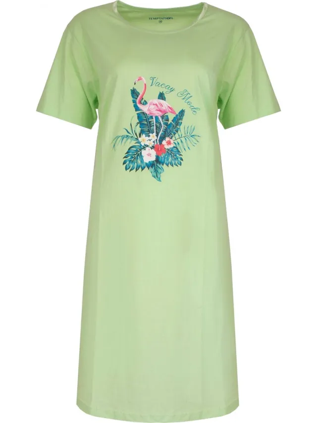 Temptation Dames Nachthemd - Bigshirt - Slaapkleed - Korte Mouwen - 100% Katoen - Groen