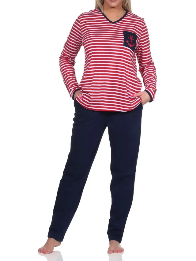 Normann Damespyjama in maritieme streeplook en anker als motief - ook in oversized rot