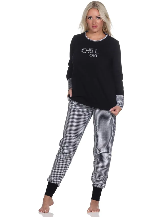 Normann Dames Pyjama Lange Mouwen met Manchet, Pepita Look Broek, Front Print Top schwarz