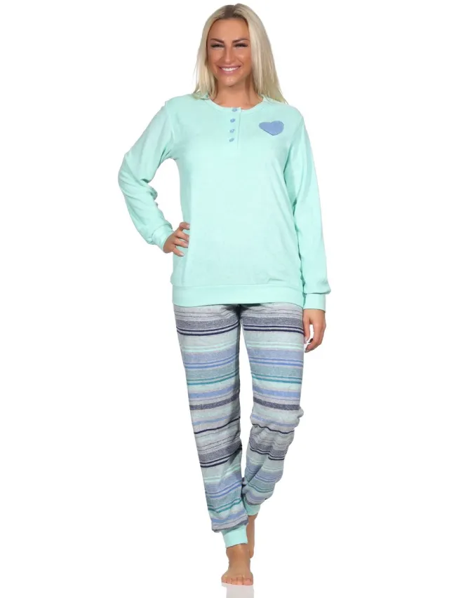 Normann Dames Terry Pyjama met Lange Mouw in Stripe Optiek - Ook in Oversizes blau