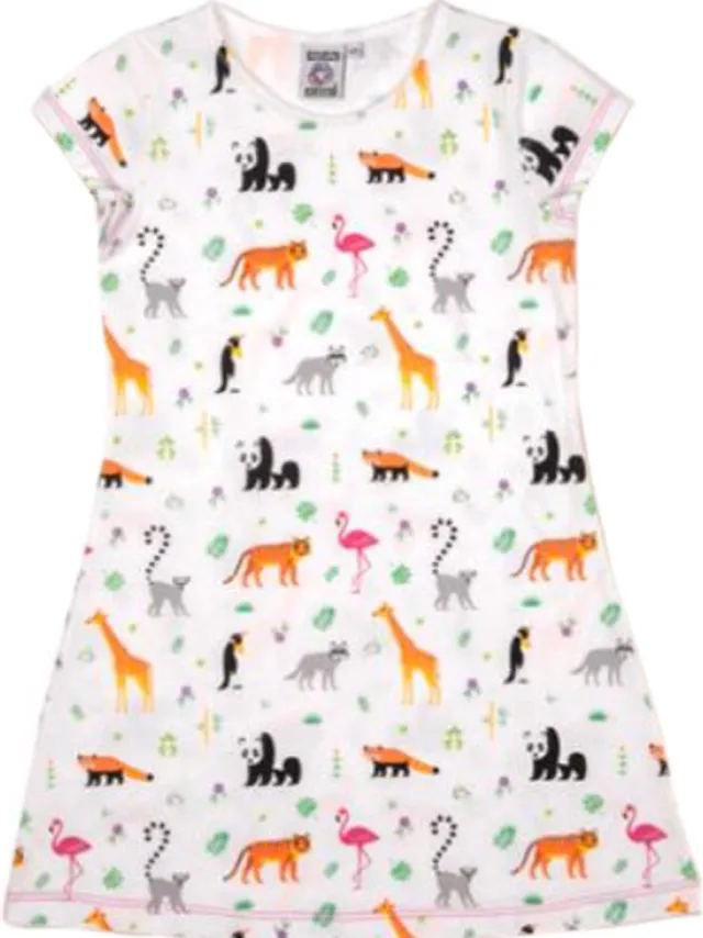 Nature Planet zacht nachthemd met Wilde dieren wildlife (100% Oeko-tex gecertificeerd-122-7 jaar Wit met opdruk in vrolijke kleuren
