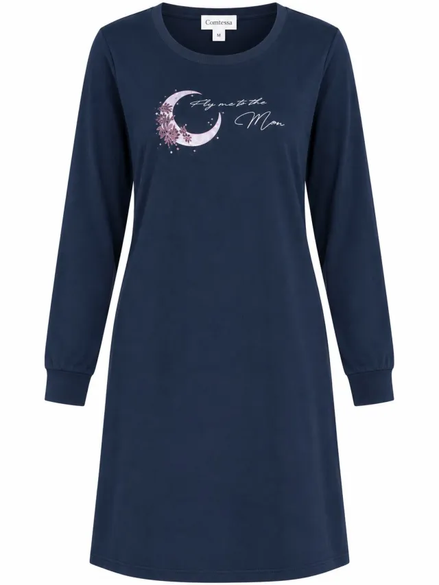 Comtessa Dames - Nachthemd – 100% Katoen – Lange Mouwen – Maanprint – Donkerblauw – 95 cm Donkerblauw, maanprint