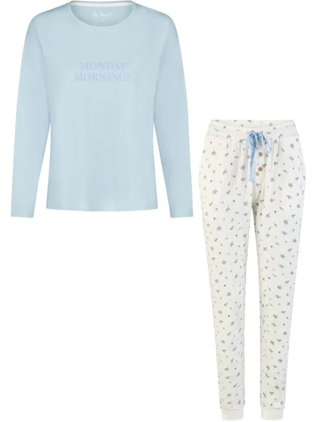 By Louise Dames Pyjama Set Lang Blauw/Wit Gebloemd