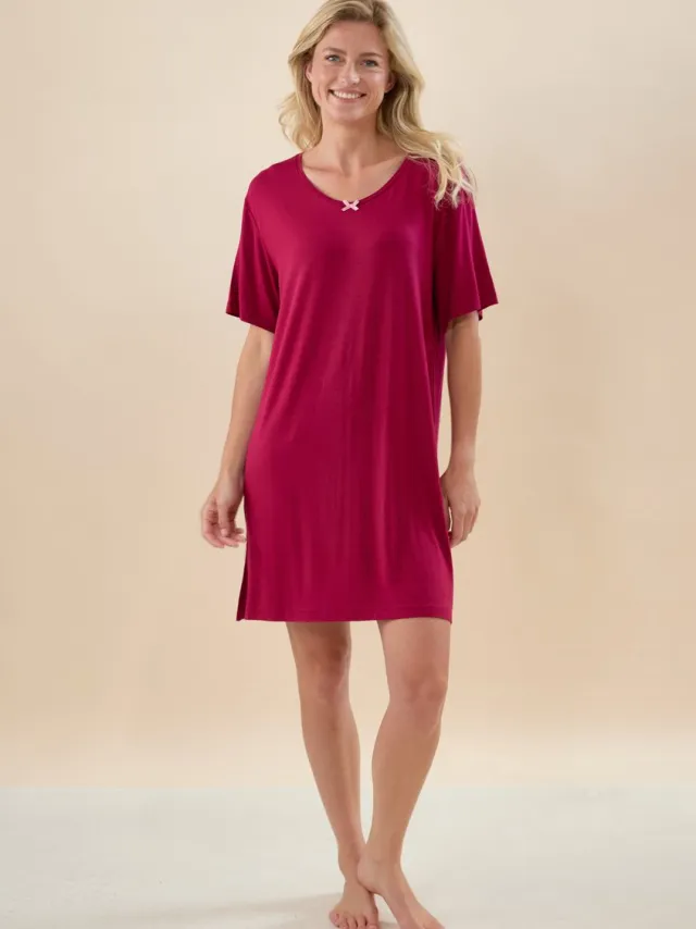 Little Label beau dames nachthemd bamboe - donkerrood- extra zacht en duurzaam rood