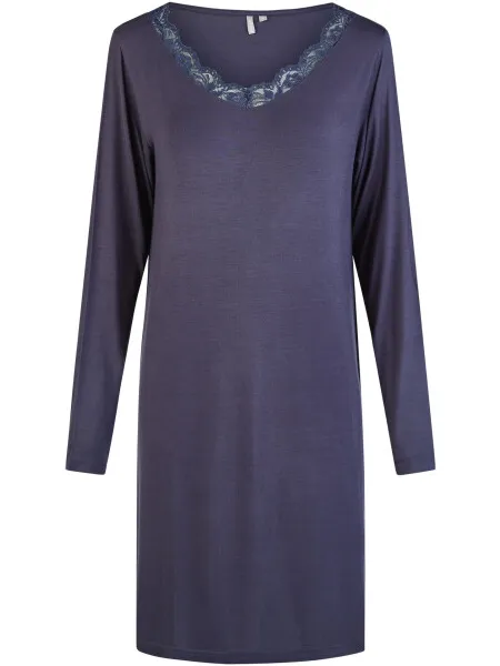 By Louise Dames nachthemd v-hals met kant lange mouw bamboe viscose effen donker Blauw