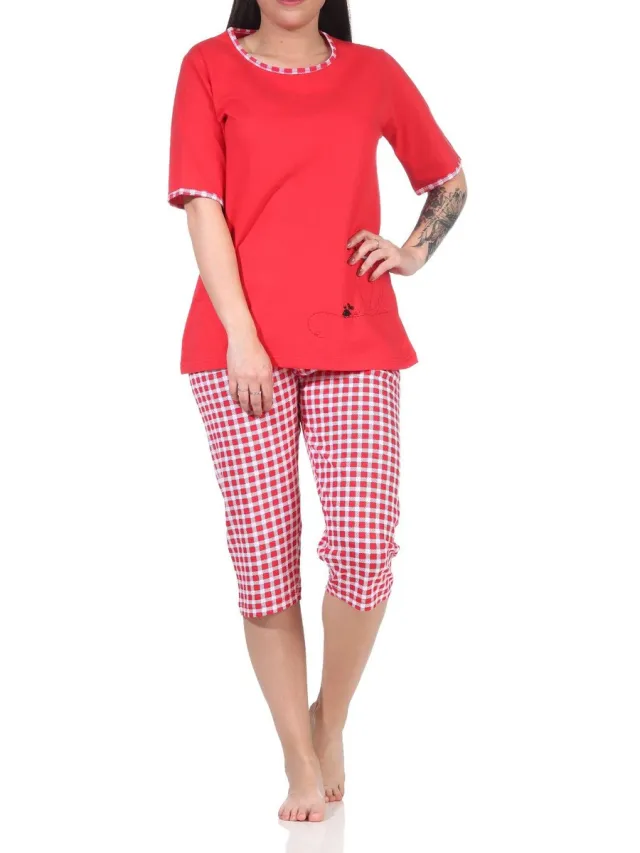 Normann Dames capri pyjama korte mouw met schattig kat motief en korte geruite tricot broek rot