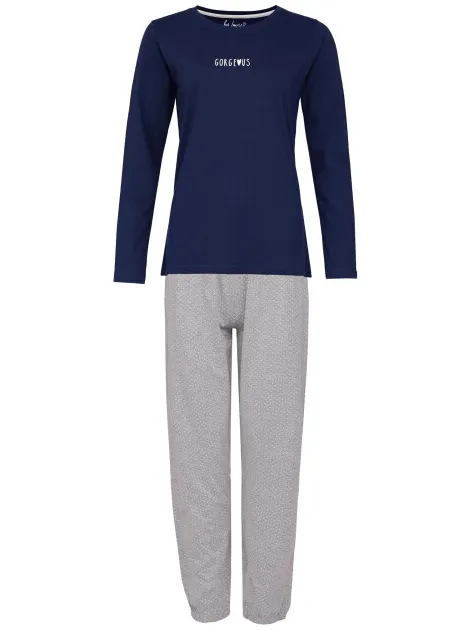 By Louise Dames pyjama set lang katoen donkerblauw / grijs gestipt Veelkleurig