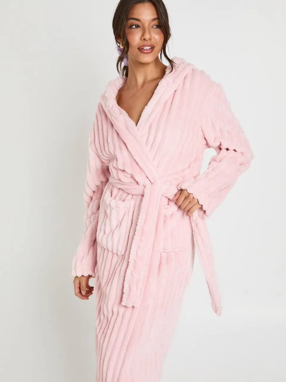 boohoo Dames Geribbelde Fleece Kamerjas Met Capuchon Lang lichtroze, foto 3