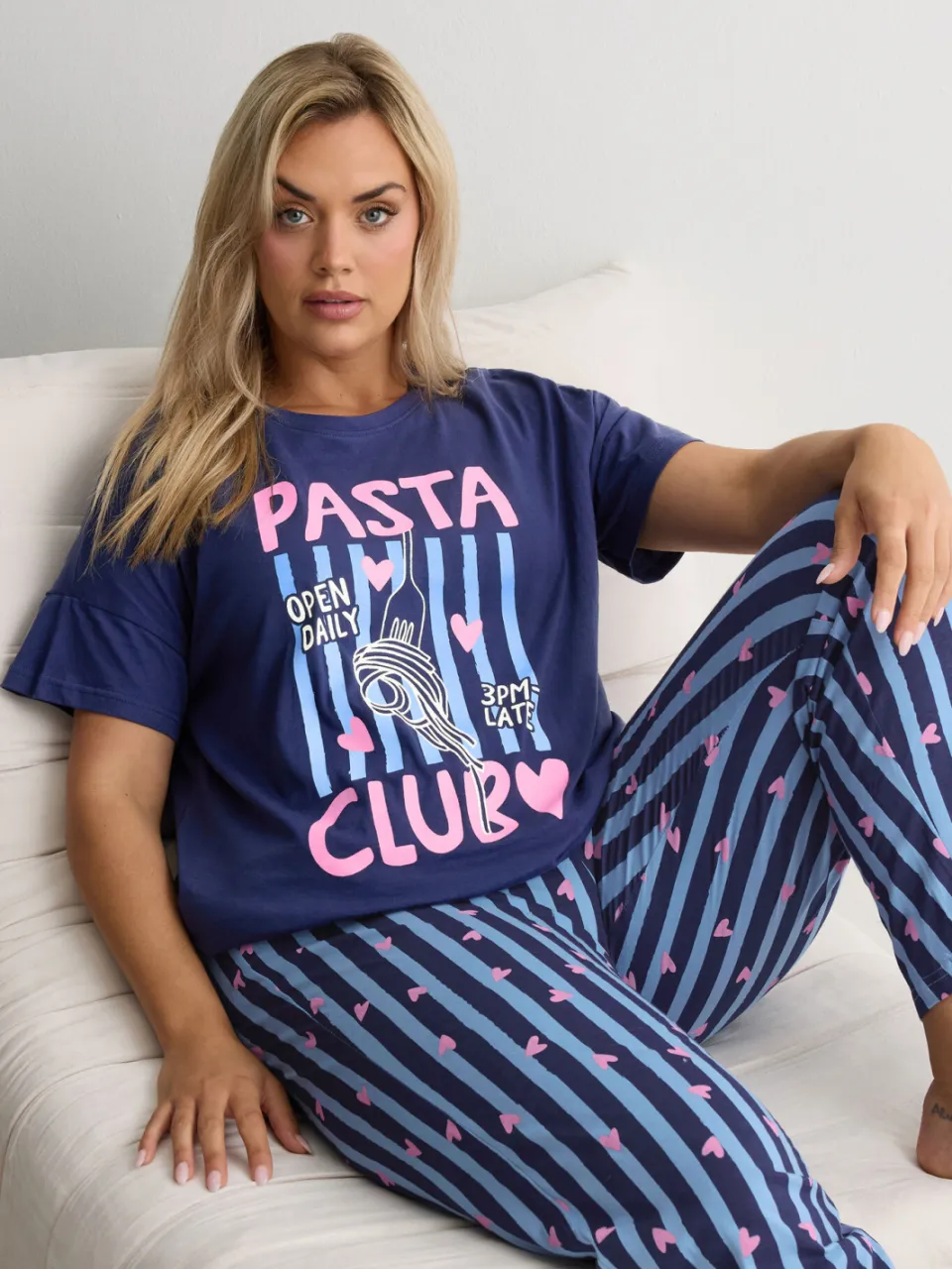 Yours Marineblauwe Pasta Club Wijde Gestreepte Pyjama Set-44, foto 2