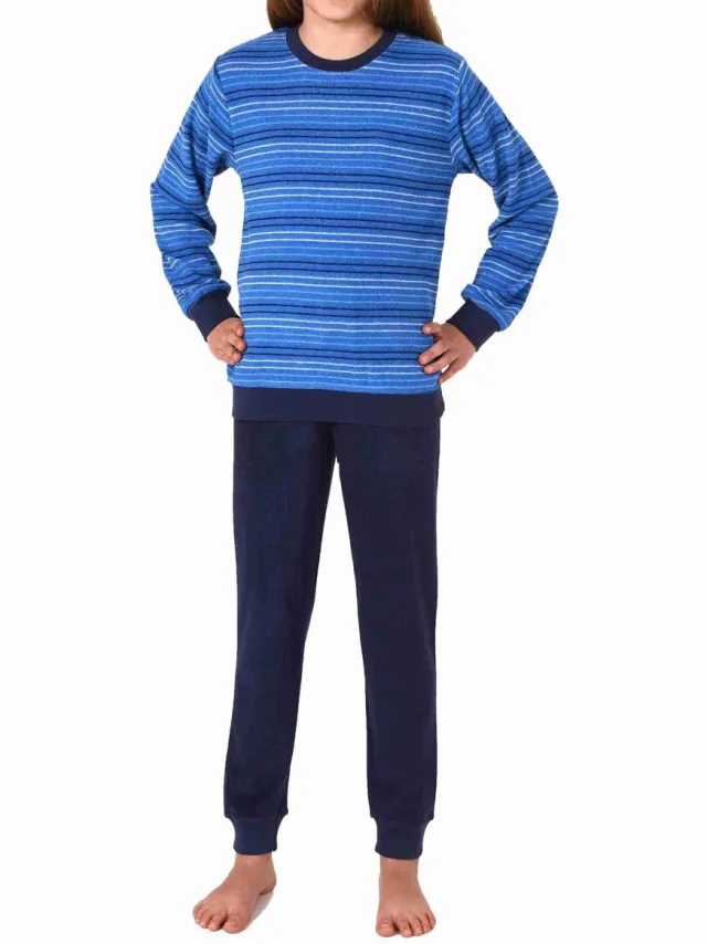 Normann Behaaglijke meisjespyjama van badstof met lange mouwen en manchetten in gestreept design blau