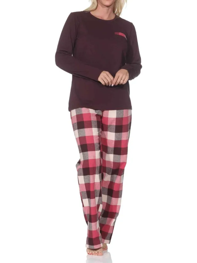 Normann lange damespyjama met geruite flanellen pyjama beere