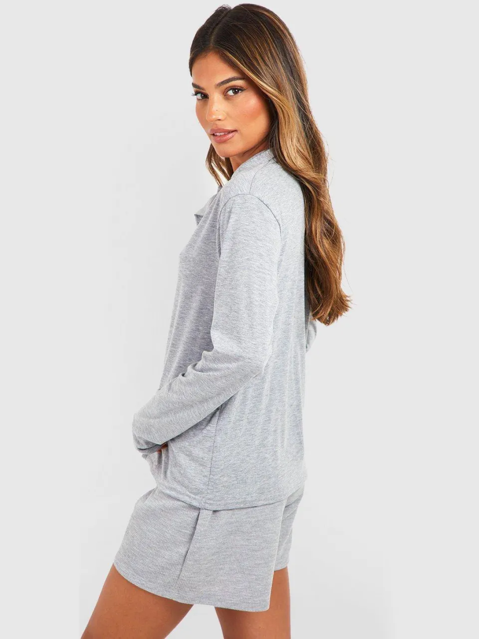 boohoo Dames Jersey Pyjamashirt met Lange Mouwen en Knoopsluiting grijze mergel, foto 3