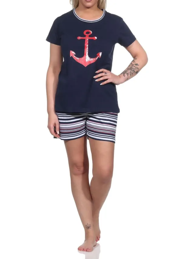 Normann Shorty damespyjama met ankermotief en gestreepte short - 122 205 10 755 navy