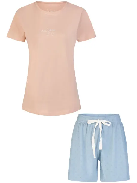 By Louise Dames korte pyjama set shortama roze/blauw gestipt Veelkleurig