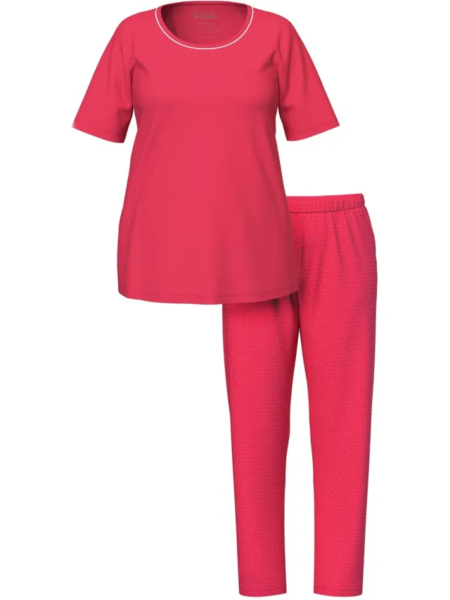 Ulla Popken Dames - Pyjama tweedelig stippen korte mouw - Fuchsiarood - Maat 50+