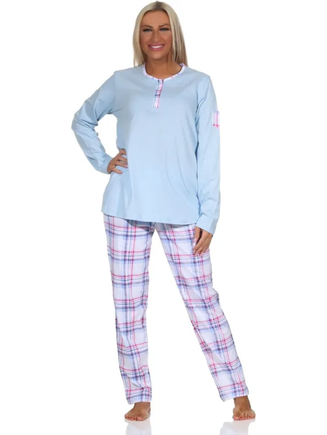 Normann damespyjama met geruite jersey pyjamabroek - ook in grote maten hellblau