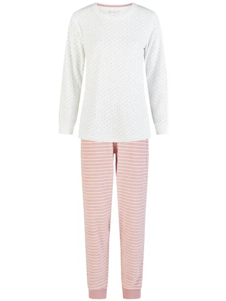 By Louise Dames winter pyjama set lang badstof wit/roze gestreept Veelkleurig