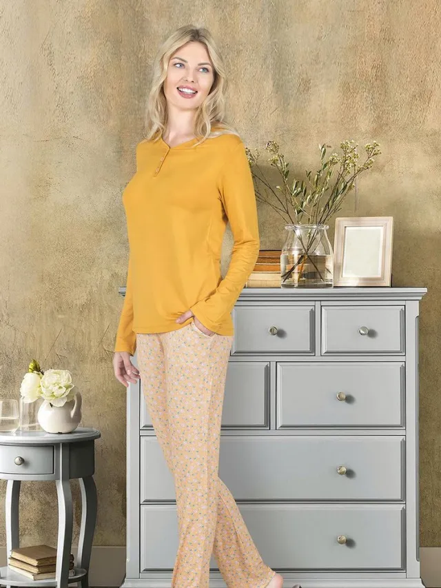 Jiber Dames Pyjama Set, Lange Mouwen Geel