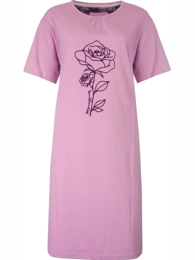 Tenderness Dames Nachthemd - Roos Print - Korte Mouwen - Lila paars