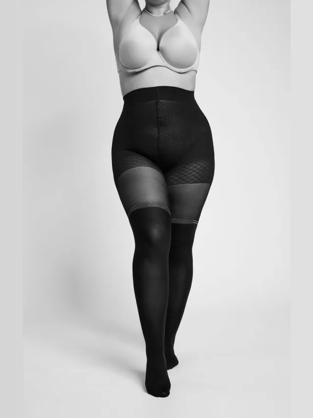 Camano , Drukvrije comfortband, katoenen kruisje, platte naad, zachte teennaad, licht verstevigde tenen, transparante panty's, modieus patroon, overknee, curvy, grote maten, panty voor vrouwen met rondingen. black