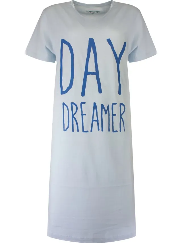 Temptation Dames Bigshirt - Day Dreamer Tekst - Licht Blauw