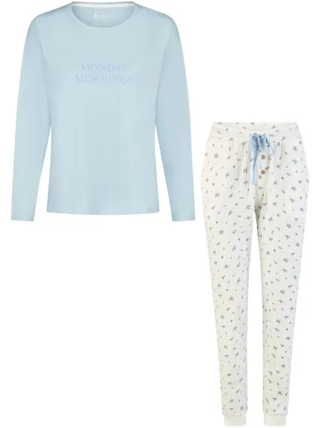 By Louise Dames pyjama set lang blauw/wit gebloemd Veelkleurig
